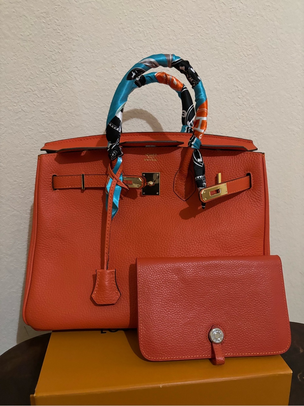 Source Unknown Orange Satchel with Blue Scarf-Wrapped Handles